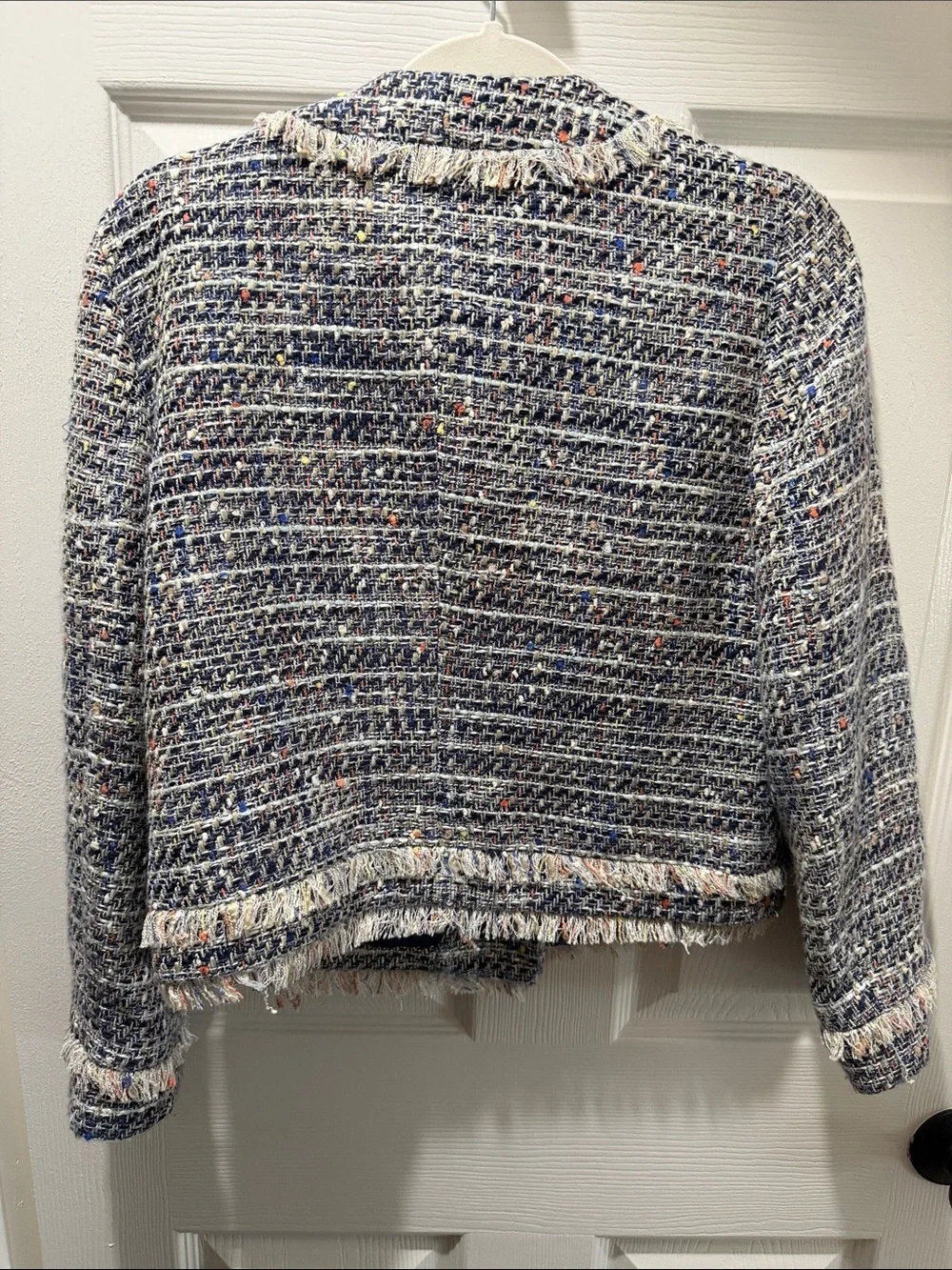 J. Crew Navy and Cream Tweed Fringe Jacket